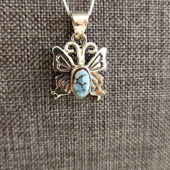 Beautiful Native American  Golden Hills Turquoise Butterfly Pendant & Chain - Picture 2 of 8